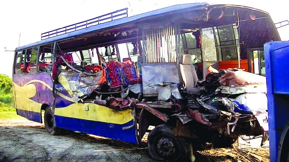 A Dhaka-bound bus from Bhurungamari collided head-on with a truck at Gharinda by-pass intersection on Dhaka-Tangail Highway leaving five people dead on Friday.