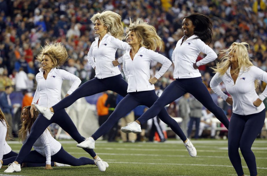 The New England Patriots cheerleaders perform in the first half of an NFL football game, in Foxborough, Mass on Thursday.