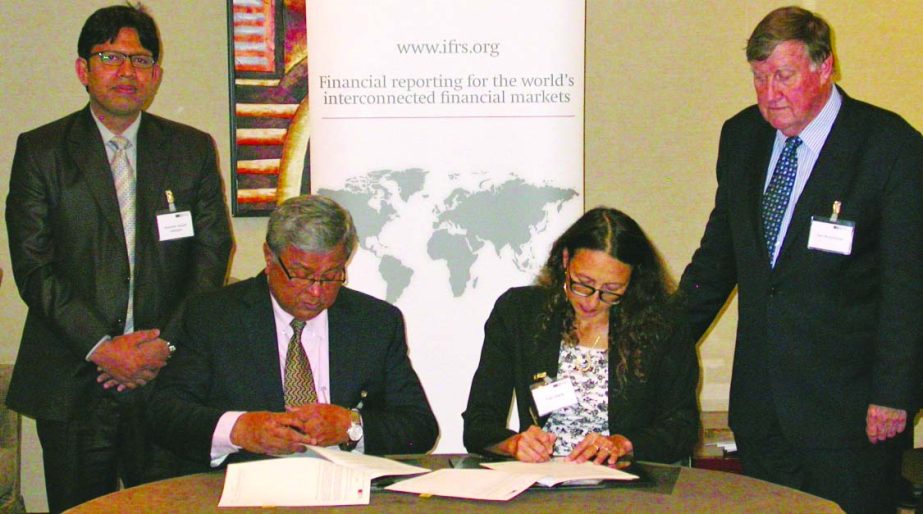 Showkat Hossain FCA, President ICAB and Yael Almog, Executive Director of IFRS Foundation signing an agreement recently in London, UK for development and publication of Bangladesh Financial Reporting Standards (BFRS), Bangladesh Accounting Standards (BAS)