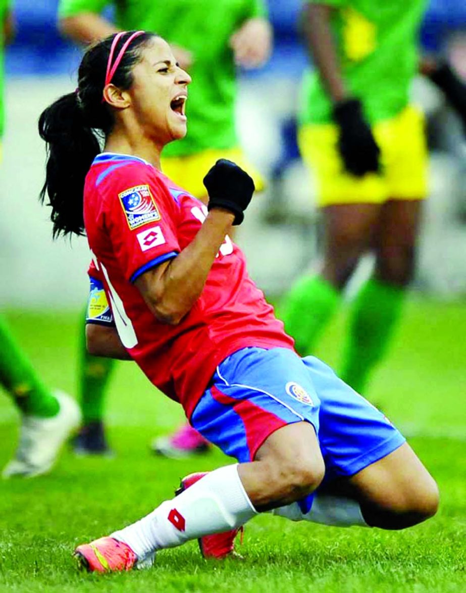 Costa Rica's Shirley Cruz celebrates after scoring a goal during the second half of a CONCACAF Women's Championship soccer game against Jamaica in Bridgeview, Ill. on Saturday,.