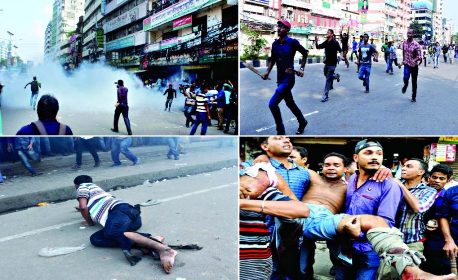 CLOCKWISE: Aggrieved JCD workers blasted cocktails (2) Attacked newly formed committee members: (3) A blast victim being taken to hospital and (4) Another bomb-hit worker lying unattended on the street in front of Naya Paltan's BNP office during Sunday'