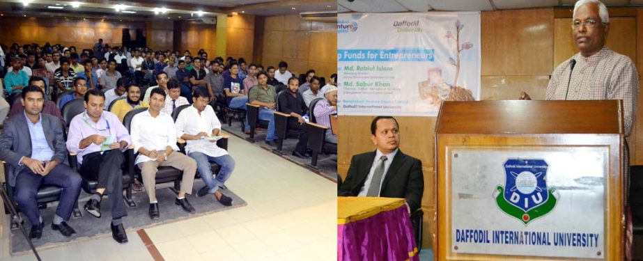 Md. Rabiul Islam, Managing Director, Islamic Finance and Investment Ltd addressing a seminar on "Scope of Startup Funds for Entrepreneurs" at DIU Auditorium recently.