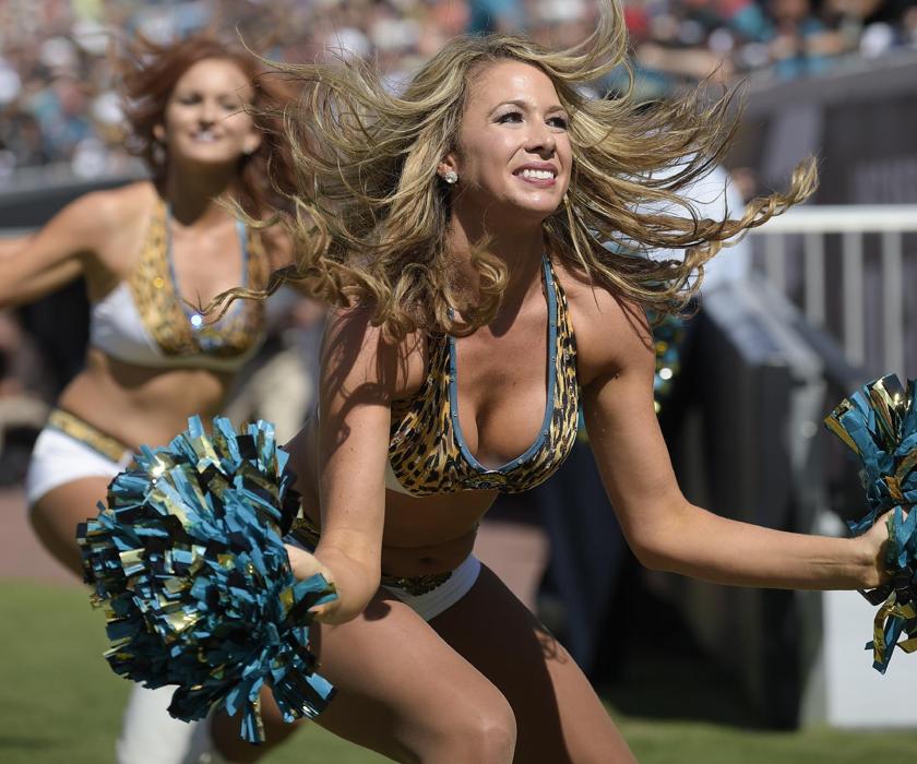 Jacksonville Jaguars cheerleaders perform during the first half of an NFL football game between the Jacksonville Jaguars and the Cleveland Browns in Jacksonville, Fla. on Sunday.