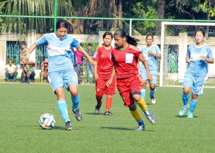 An action from the KFC National Women's Super League Football match between Ansar & VDP and Rangpur Team at BFF Artificial Turf , Motijheel on Monday. Ansar & VDP won the match by 12 - 1 goals.