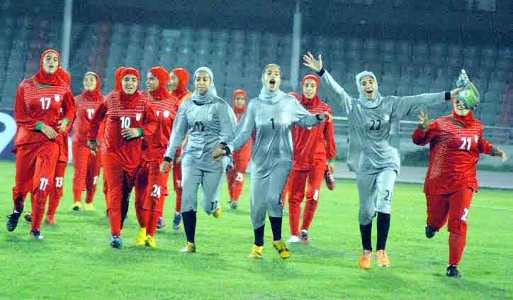 Players of Iran Under-16 National Women's Football team celebrate after defeating Jordan Under-16 National Women's Football team in their match of the AFC Under-16 Women's Championship Qualifiers at the Bangabandhu National Stadium on Tuesday.