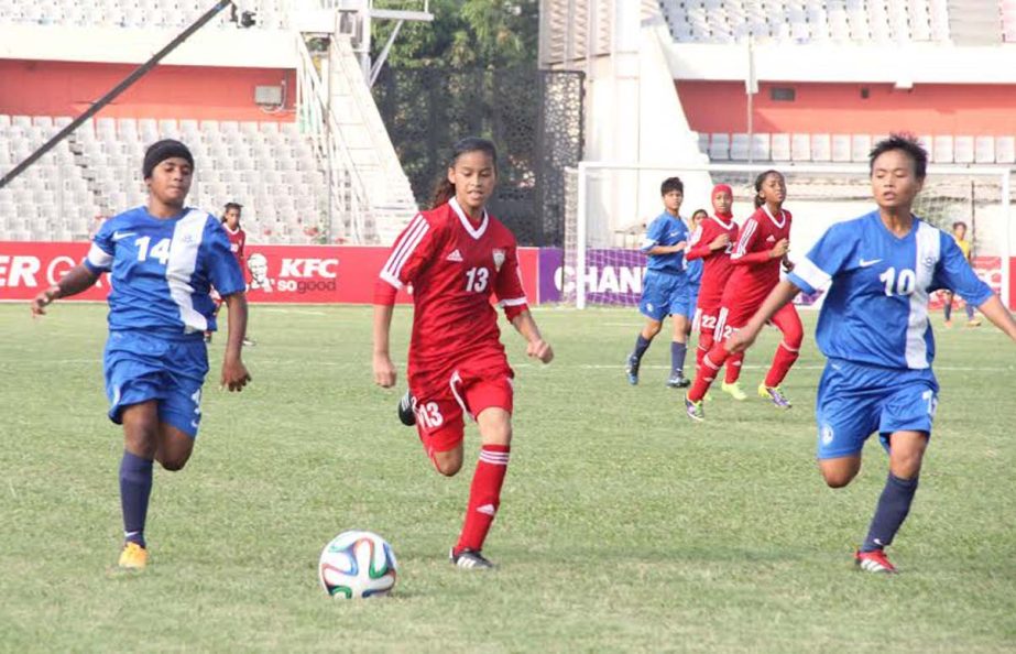 An action from the match of the AFC Under-16 Women's Championship Qualifiers between India Under-16 National Women's Football team and United Arab Emirates (UAE) Under-16 National Women's Football team at the Bangabandhu National Stadium on Tuesday. I