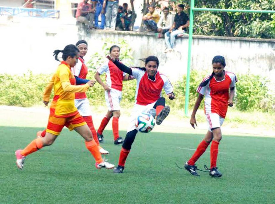 A scene from the football match of the KFC National Women's Super League between Team BJMC and Kushtia district team at the BFF Artificial Turf on Tuesday. Team BJMC won the match 13-0.