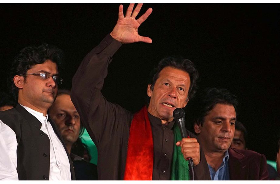 Pakistani politician Imran Khan addresses an anti-government rally near a parliament building in Islamabad.