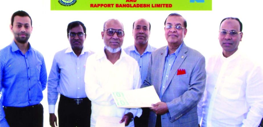 Dr M Mosharraf Hossain, Chairman and Managing Director of Rapport Bangladesh Limited (2nd from right) and Md Nazrul Islam, Chairman of Nazrul Group of Industries (3rd from left) exchanging agreed document on providing consulting services for NGI officers