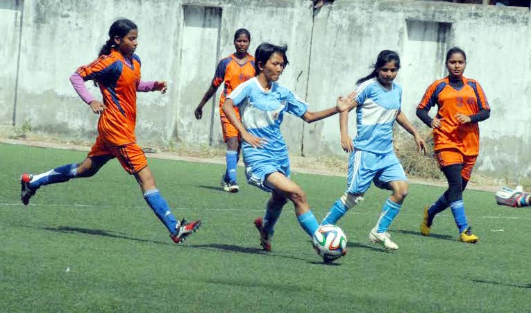 A moment of the football match of the KFC National Women's Super League between Bangladesh Ansar & VDP and Narayanganj District team at the BFF Artificial Turf on Wednesday.