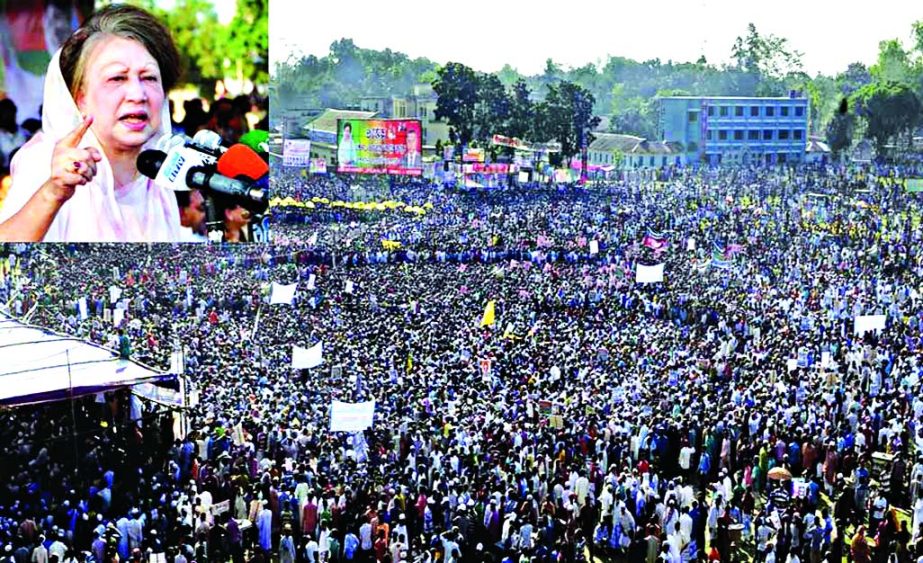 BNP Chairperson Begum Khaleda Zia addressing a mammoth rally of 20-party alliance held at the Nilphamari Boromath on Thursday.
