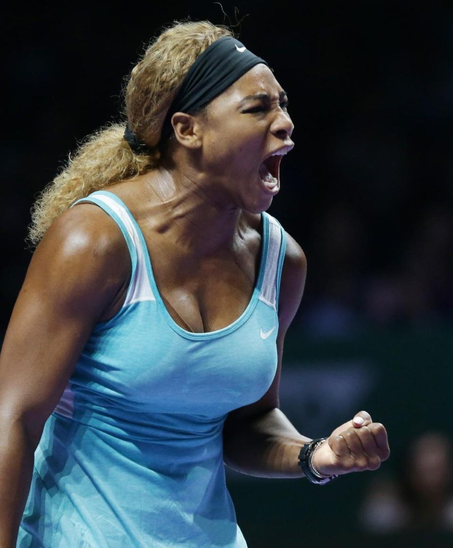 Serena Williams of the US reacts during her semifinal match against Denmark's Caroline Wozniacki at the WTA tennis finals in Singapore on Saturday.