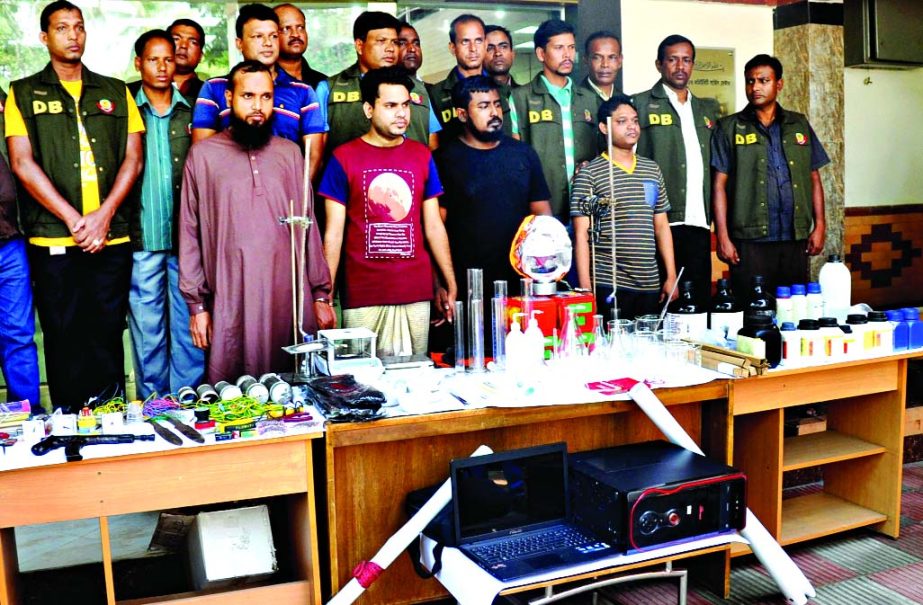 Four members of banned outfit HuJi were arrested from different areas of the city by DB police with explosives and bomb-making materials on Saturday.