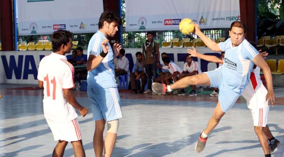 A view of the Marcel LED Television First Division Handball League between Star Sports and Satirtha Club at the Shaheed (Captain) M Mansur Ali National Handball Stadium on Tuesday.