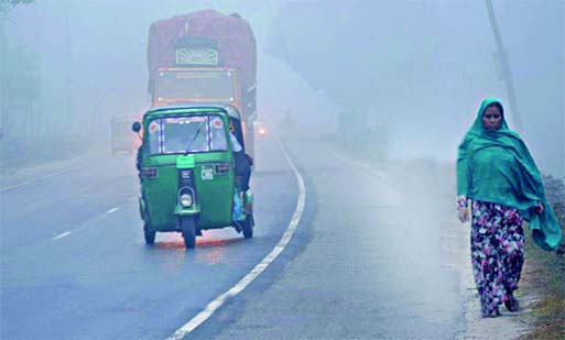 With winter closing in dense fog hit Bogra region disrupting movement of vehicles on Tuesday.