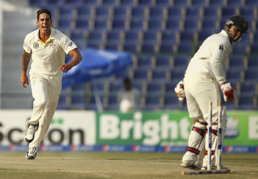Mitchell Johnson exults after castling Ahmed Shehzad on the 3rd day of 2nd Test between Pakistan and Australia at Abu Dhabi on Saturday.
