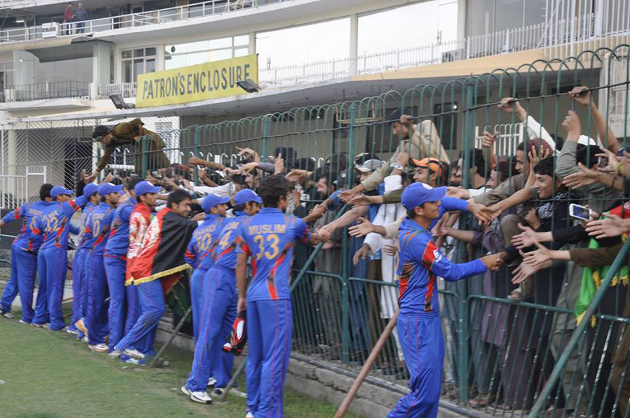 The Afghanistan Under-19 players celebrate after winning the series against Pakistan U-19 at Lahore on Friday.