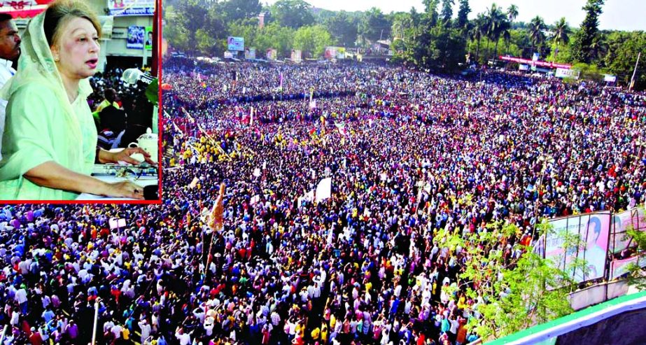 BNP Chairperson Begum Khaleda Zia addressing a mammoth rally organised by 20-party alliance at Natore Nabab Sir Salimullah College ground on Saturday.