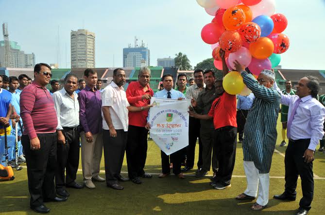 Chairman and Managing Director of ATN Bangla and ATN News Dr Mahfuzur Rahman inaugurating the ATN Bangla Gold Cup National Hockey Tournament by releasing the balloons as the chief guest at the Moulana Bhashani National Hockey Stadium on Wednesday.