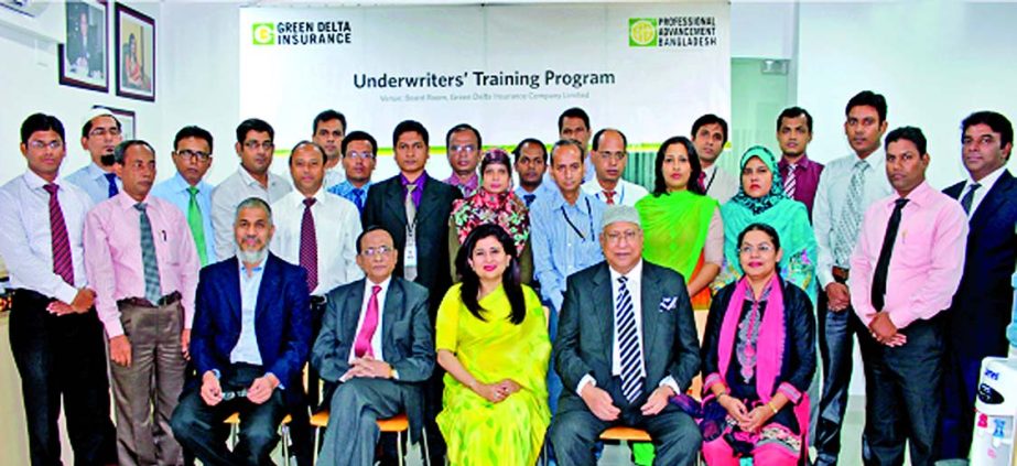 Nasir A Choudhury, Chairman of Professional Advancement Bangladesh Limited & Advisor of Green Delta Insurance, Farzana Chowdhury, Director of PABL & Managing Director of Green Delta Insurance pose with the trainees of a training programme organized by PAB