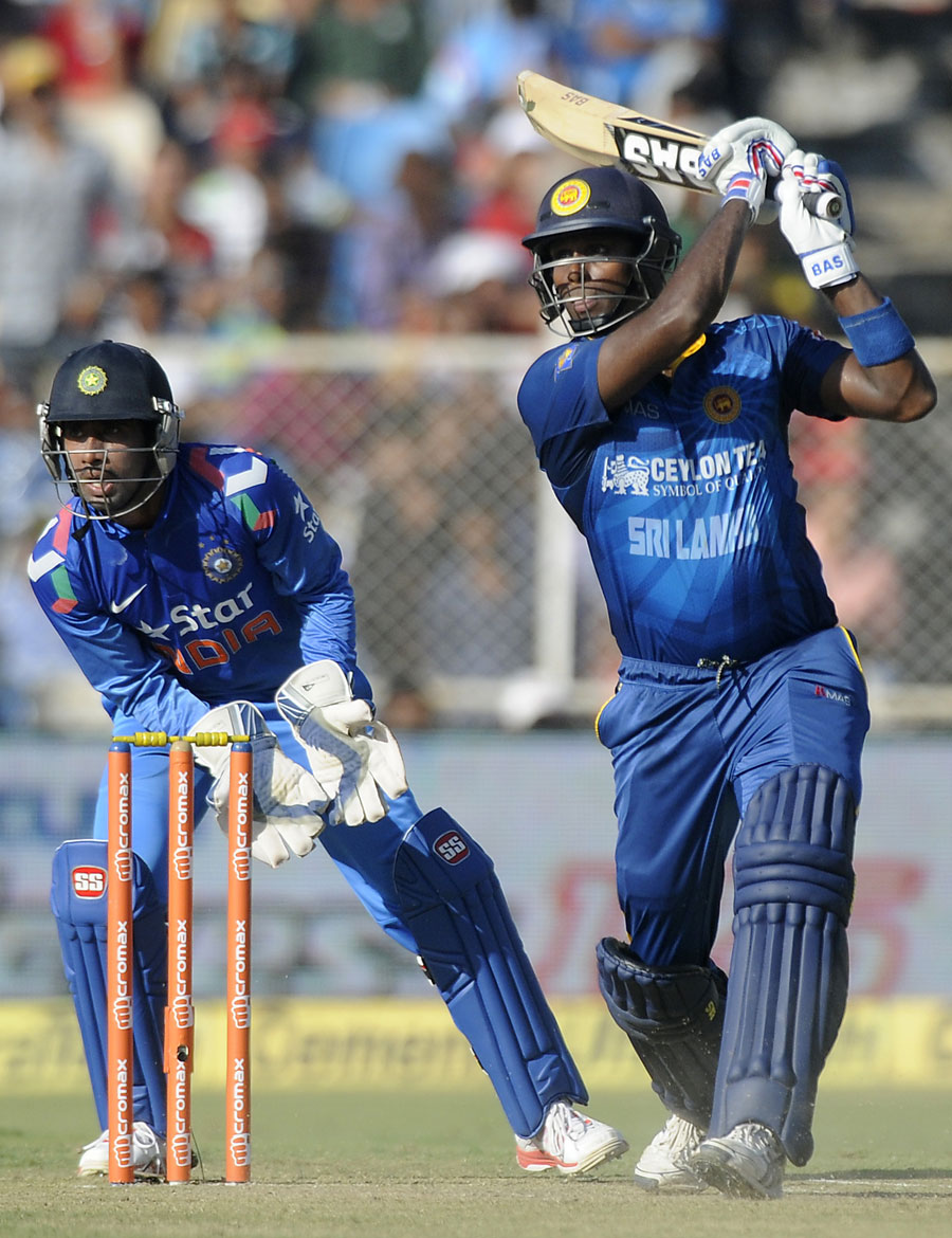 Angelo Mathews hits out during his unbeaten 92 in 2nd ODI between India and Sri Lanka at Ahmedabad on Thursday.