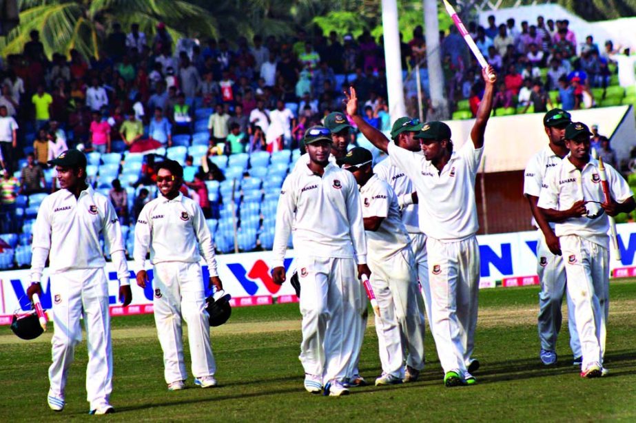 Tigers celebrating after defeating Zimbabwe by 162 runs on the fifth day of the second Test at the Sheikh Abu Naser Stadium in Khulna on Friday.