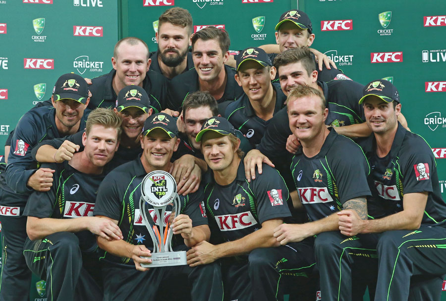 The victorious Australian team with the series trophy after 3rd Twenty20 match between Australia and South Africa at Sydney on Sunday.