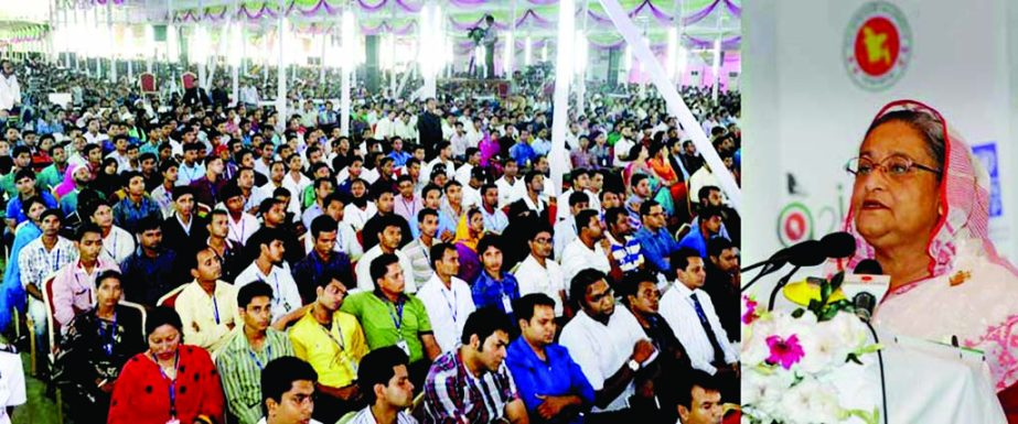 Prime Minister Sheikh Hasina speaking at the Digital Center Entrepreneurs' Conference in the city's National Parade Square on Tuesday in observance of 4th founding anniversary of the Union Digital Center.