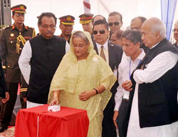Prime Minister Sheikh Hasina inaugurating the construction work of the longest flyover in Chittagong from Muradpur to Lalkhan Bazar as Chief Guest yesterday.