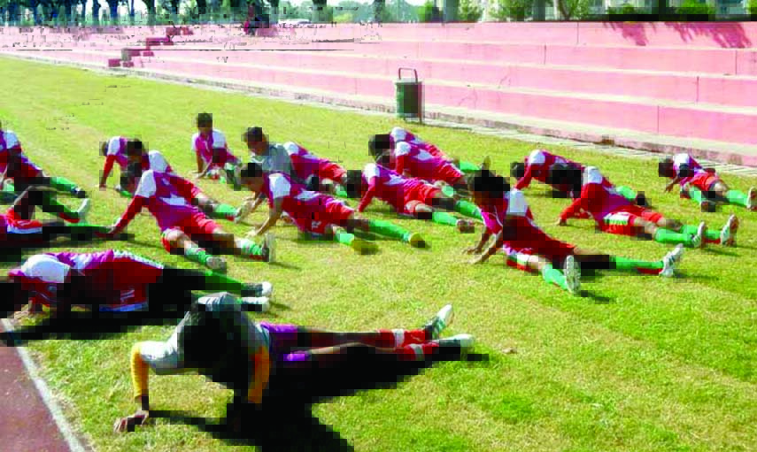 Members of Bangladesh National Women's Football team during the practice session at the Jinnah Sports Complex in Islamabad on Wednesday.