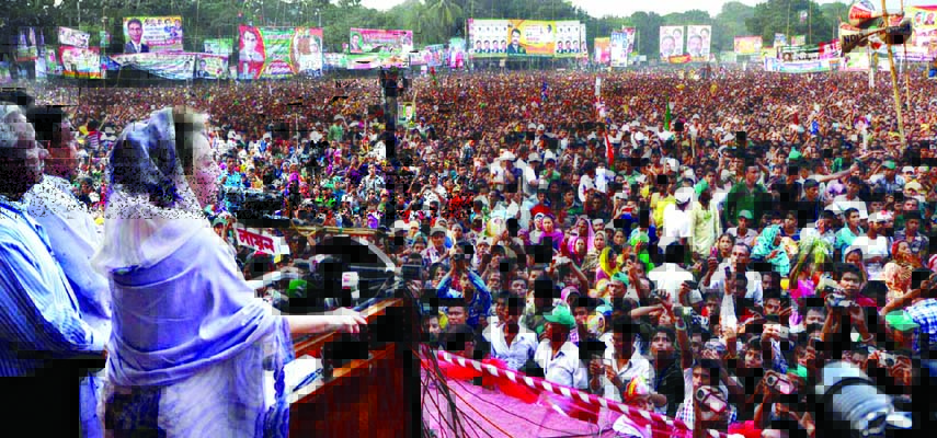 BNP Chairperson Begum Khaleda Zia addressing a mammoth public meeting organised by 20-party alliance held at the Kishoreganj Government Gurudoyal College on Wednesday.
