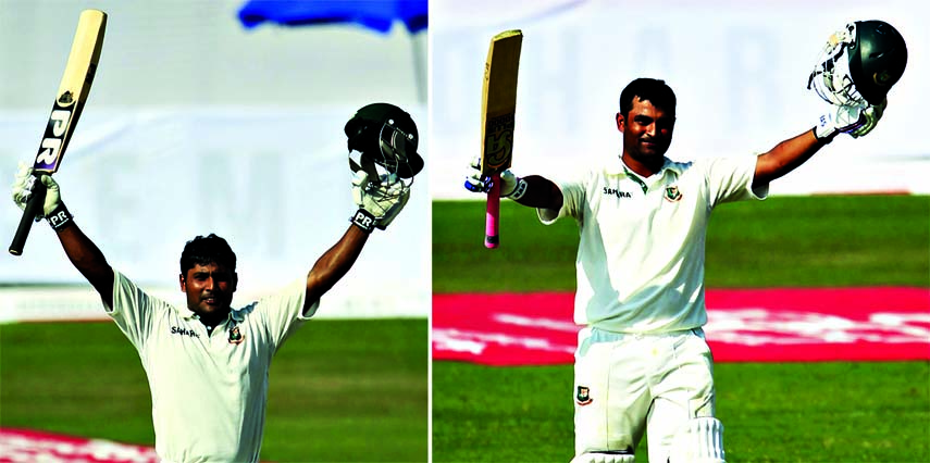 Imrul Kayes (left) and Tamim Iqbal put on 224 to break the Bangladesh record for the first-wicket stand.They both celebrate centuries at the Zahur Ahmed Chowdhury Stadium on Wednesday.