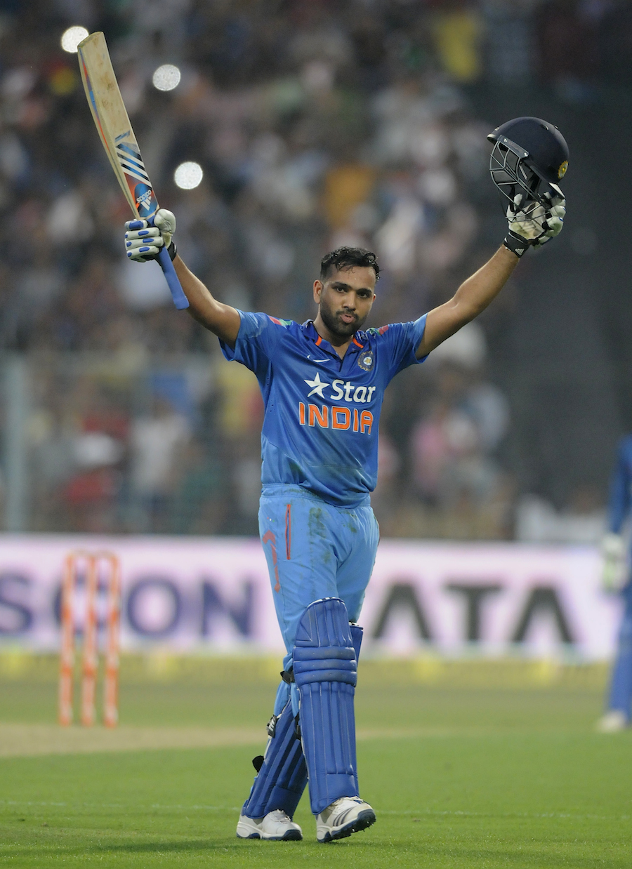 Rohit Sharma acknowledges the crowd after reaching his second double-hundred during 4th ODI between India and Sri Lanka in Kolkata on Thursday.