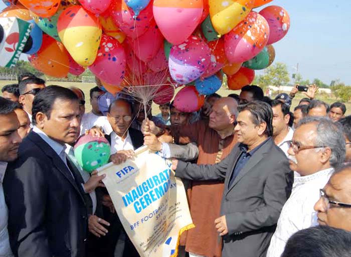 Minister for Finance Abul Maal Abdul Muhith inaugurating the BFF Football Academy, Sylhet by releasing the balloons as the chief guest in Sylhet on Thursday.