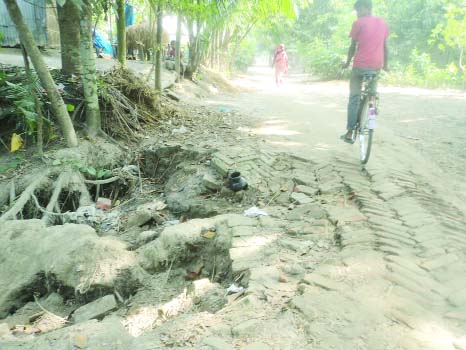 FARIDPUR: An important road at Bhashanchar Nutun Bazar in Sadarpur Upazila is in dilapidated condition which needs immediate repair. This picture was taken on Wednesday.