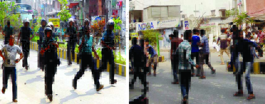 Chhatra Shibir activists staged demonstration in Rajshahi on Saturday soon after hearing death news of their fellow Tahurul Islam at the hospital in the capital. At one stage law enforcers (left) trying to disperse them.