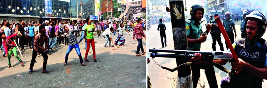 Padma Sweaters workers locked in clashes with police (right) in city's Mirpur area on Saturday while they were agitating for reopening the factory including other demands.