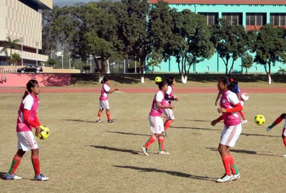Players of Bangladesh Womenâ€™s Football team taking part at a practice session at Athletics & Football Ground of Jinnah Sports Complex in Islamabad, Pakistan on Sunday.