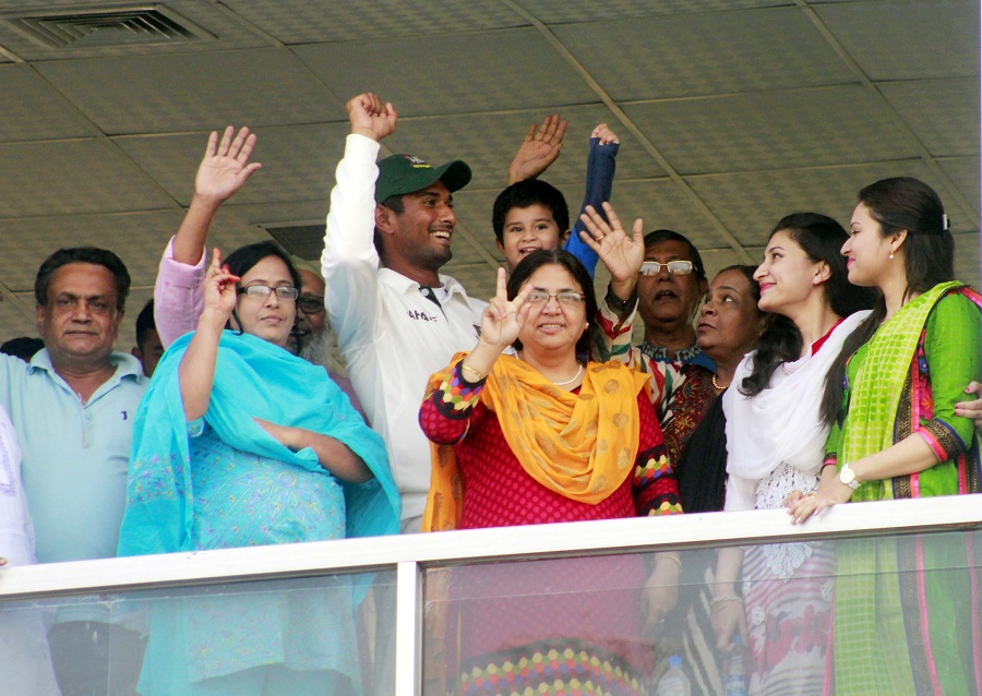 Mahmudullah celebrates with his family at the gallery of Zahur Ahmed Chowdhury stadium in Chittagong after beating Zimbabwe on Sunday.