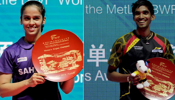 Saina Nehwal (left) and Kidambi Srikanth (right) pose for photo with their trophies in China on Sunday.