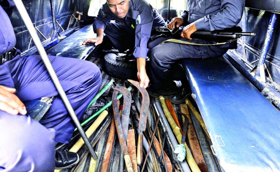 Police recovered huge lethal weapons from Dr. Yusuf Ali Hall of Dinajpur Medical College soon after factional clashes between the two groups of Bangladesh Chhatra League on Tuesday.
