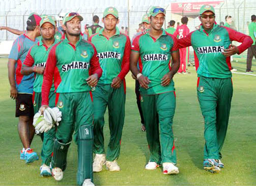 Players of BCB XI coming out from the field after defeating Zimbabwe by 88 runs in the lone one-dayer practice match at the Zahur Ahmed Chowdhury Stadium in Chittagong on Wednesday.