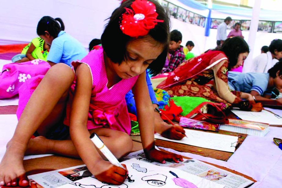 Children are engrossed in painting at a drawing competition organised on the occasion of 50th birthday of BNP Senior Vice-Chairman Tareque Rahman by Jatiyatabadi Chhatra Dal at the Engineers' Institute in the city on Thursday.