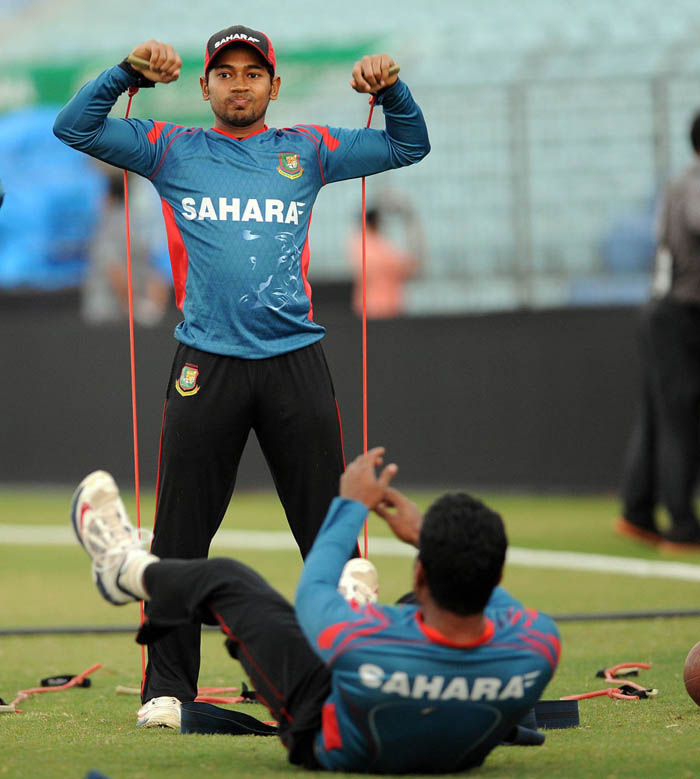 Mushfiqur Rahim stretches during a training session at Chittagong on Wednesday. Bangladesh take on visiting Zimbabwe in the first ODI at the Zahur Ahmed Chowdhury Stadium today (Friday).