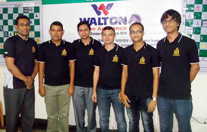Members of Bangladesh Navy team, the champions of the Walton Home Appliance Premier Division Chess League pose for a photo session at the Media Centre of Bangladesh Olympic Association Bhaban on Thursday.