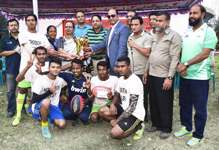 J Sports Academy, the champions of the Home Tech day-long five-a-side Rugby Competition with the guests and the officials of Bangladesh Rugby Union pose for a photograph at the Paltan Maidan on Thursday.