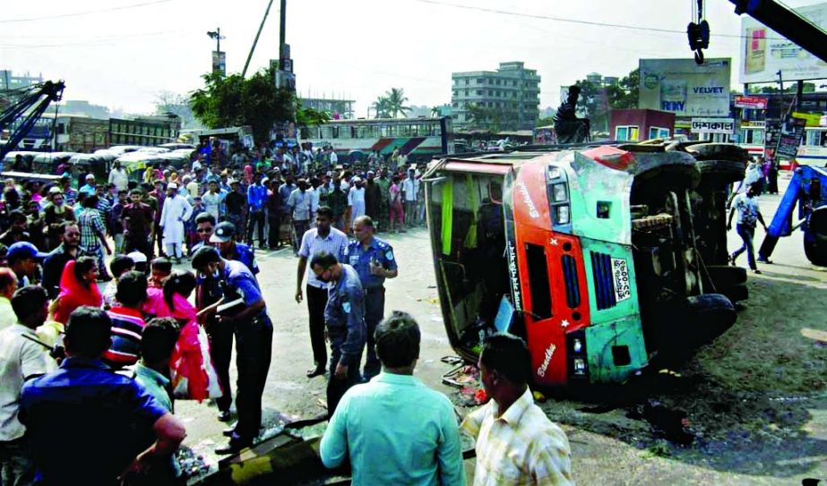 A Homna bound passenger bus was turned turtle at Signboard area on Dhaka-Chittagong Highway as driver lost control of the vehicle leaving 12 people injured on Thursday.