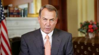 House Speaker John Boehner speaking at a press conference accusing President Barack Obama of acting like an emperor in imposing executive orders for immigration reform.