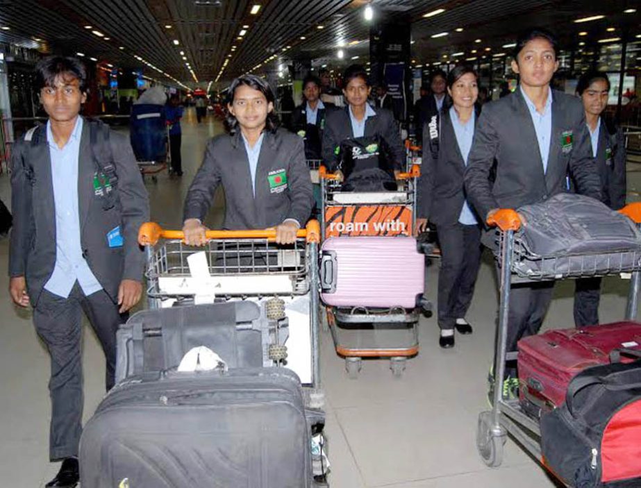 Members of Bangladesh National Women's Football team arrived at the Hazrat Shahjalal International Airport on Saturday.