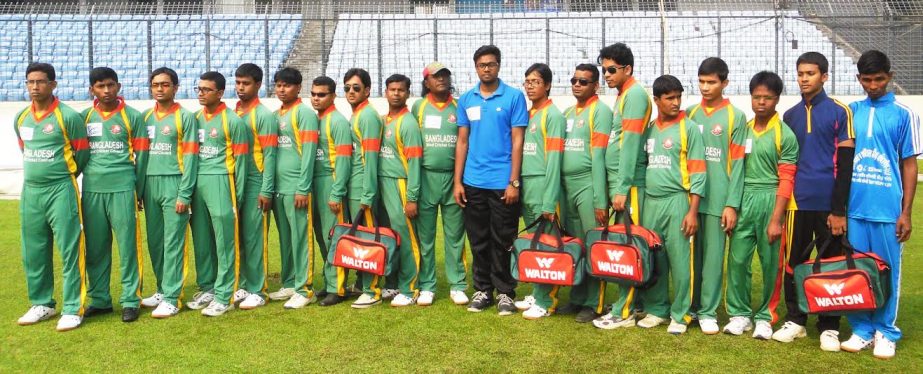 Members of Bangladesh national blind cricket team pose for photo at the Sher-e-Bangla National Cricket Stadium on Sunday.